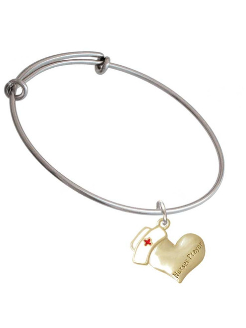 Gold Tone Nurse's Prayer Heart - Healing Hand Charm Bangle Bracelet