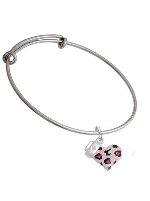 Pink Cheetah Print Heart with Nurse Hat Charm Bangle Bracelet
