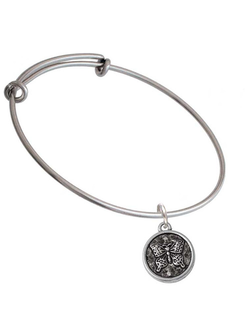 Antiqued Round Seal - Butterfly Charm Bangle Bracelet
