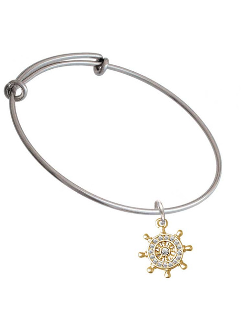 Gold Tone Crystal Ship Wheel Charm Bangle Bracelet