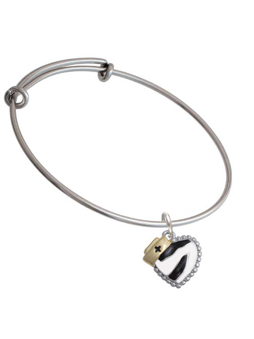 Zebra Print Heart with Nurse Hat Charm Bangle Bracelet