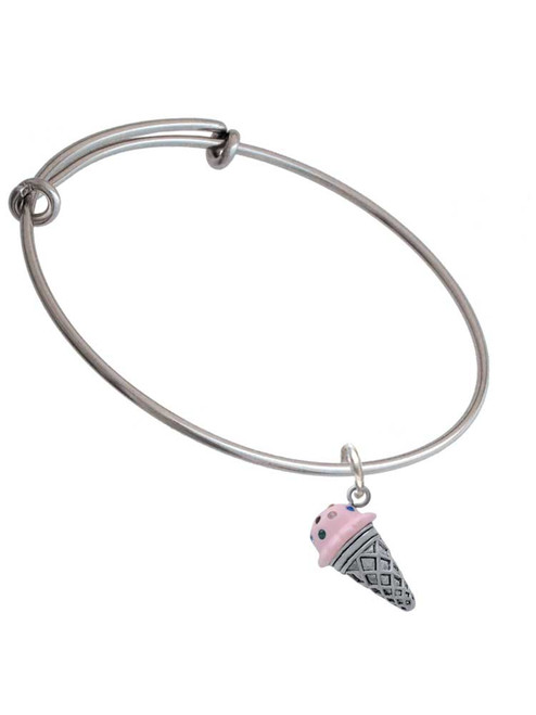 3-D Resin Strawberry Ice Cream Cone with Crystals Charm Bangle Bracelet