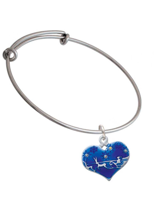 Large Blue Flying Santa Heart with AB Crystals Charm Bangle Bracelet