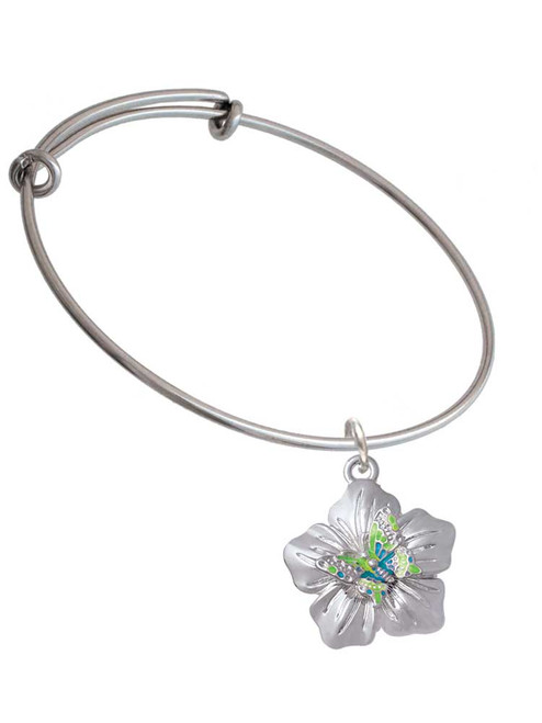 Lime Green & Hot Blue Butterfly on Large Flower Charm Bangle Bracelet