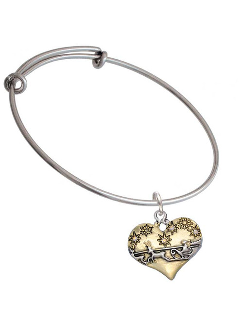 Large Flying Santa on Gold Tone Heart Charm Bangle Bracelet