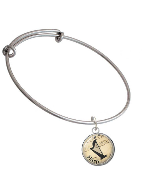 Domed Music - Harp Charm Bangle Bracelet