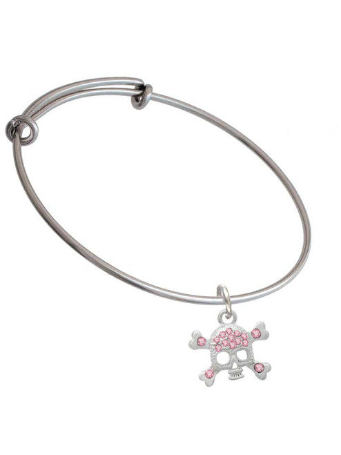 Skull and Crossbones with Pink Crystals Charm Bangle Bracelet