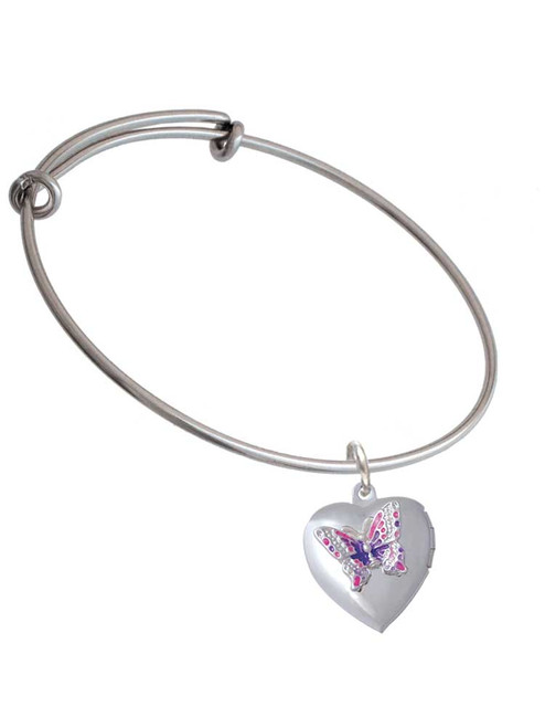 Pink & Purple Butterfly Locket Charm Bangle Bracelet