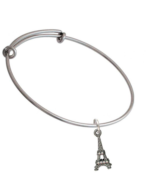 Black Nickel Tone AB Crystal Eiffel Tower Charm Bangle Bracelet