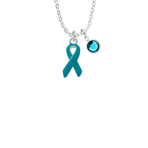 Teal Ribbon Necklace with Teal Crystal Drop