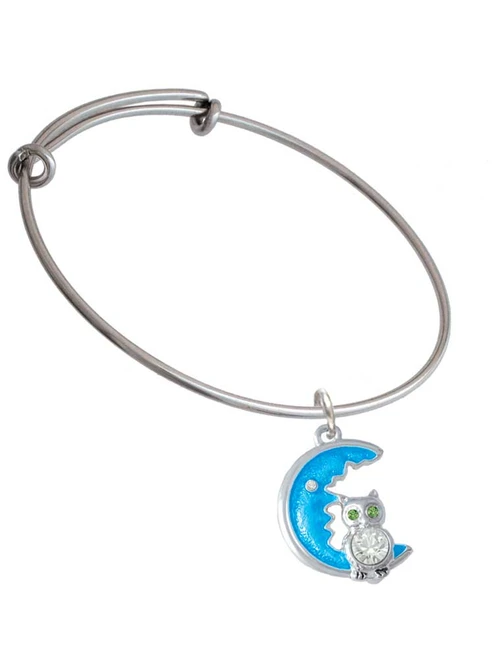 Large Clear Crystal Owl on Hot Blue Moon Charm Bangle Bracelet