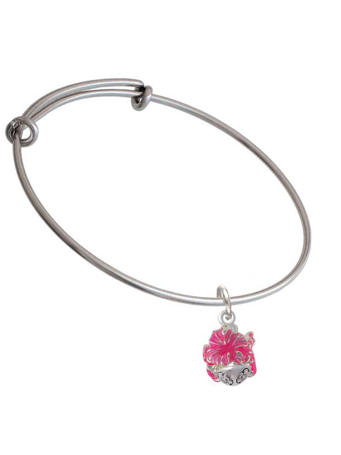 Hot Pink Hibiscus Flowers Spinner Charm Bangle Bracelet
