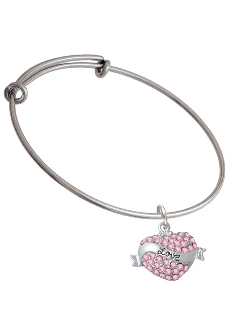 Love Banner on Pink Crystal Heart Charm Bangle Bracelet
