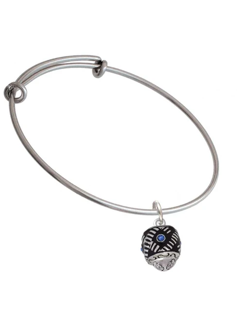 Diagonal Banded Barrel with Blue Crystals Spinner Charm Bangle Bracelet