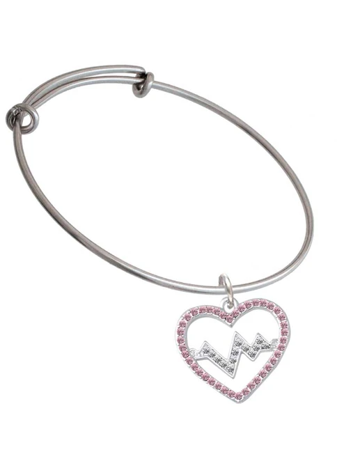 Large Pink Crystal Heart with Clear Heartbeat Charm Bangle Bracelet