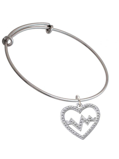Large Clear Crystal Heart with Heartbeat Charm Bangle Bracelet