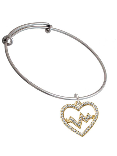 Gold Tone Large Crystal Heart - Heartbeat Charm Bangle Bracelet