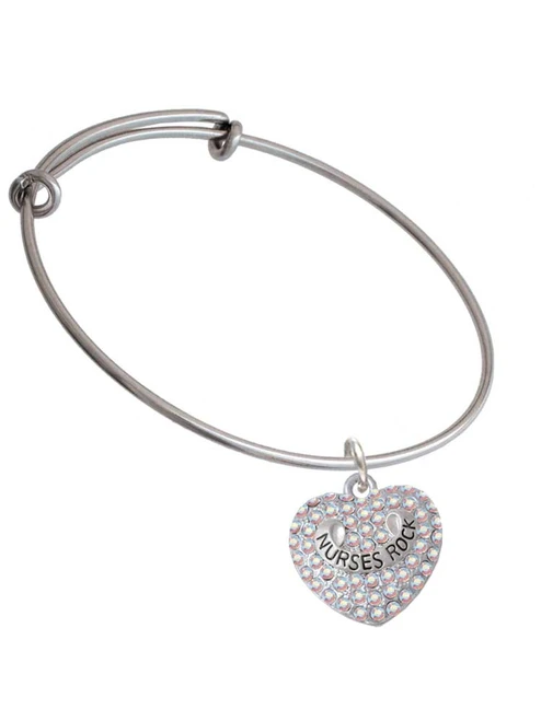 Nurses Rock on AB Crystal Heart Charm Bangle Bracelet