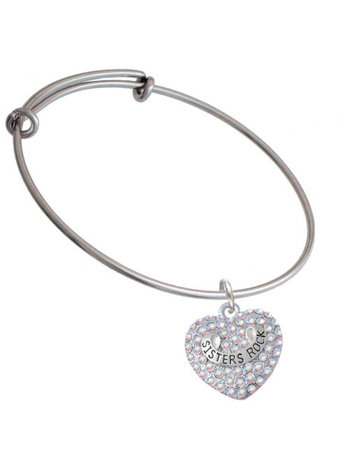 Sisters Rock on AB Crystal Heart Charm Bangle Bracelet