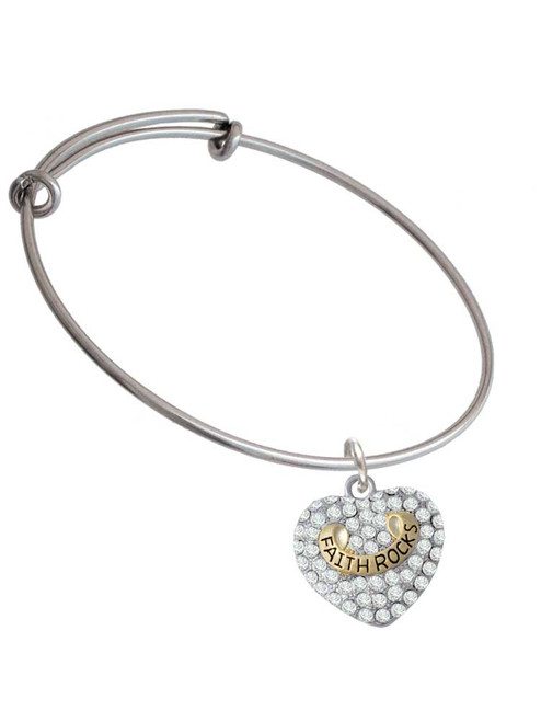 Gold Tone 'Faith Rocks' on Clear Crystal Heart Charm Bangle Bracelet