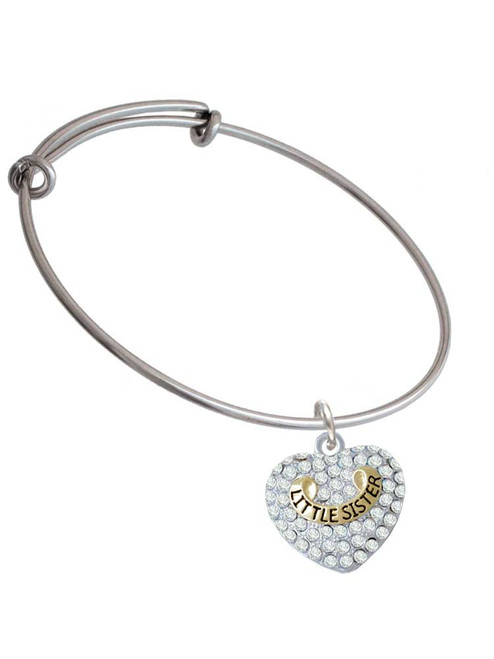 Gold Tone Little Sister Rock on Clear Crystal Heart Charm Bangle Bracelet