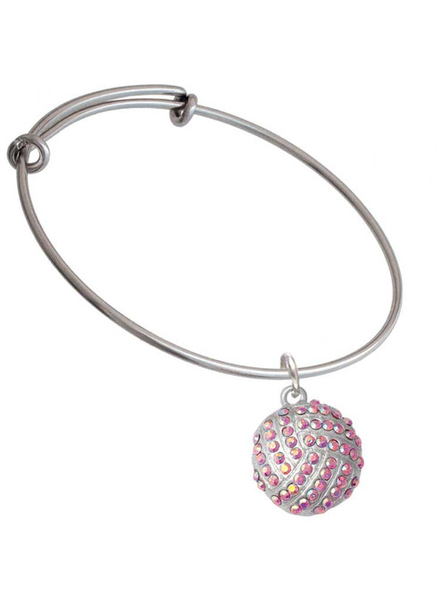 Large Super Sparkle Crystal Pink AB Volleyball Charm Bangle Bracelet