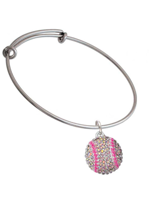 Large Super Sparkle Crystal Pink AB Softball Charm Bangle Bracelet