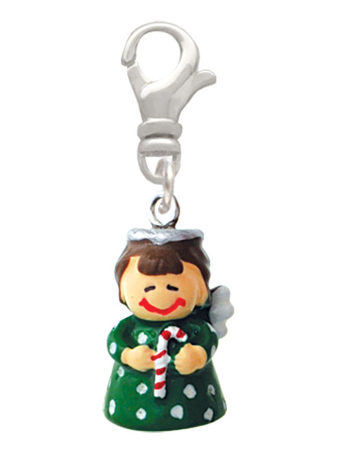 Resin Green Angel Holding Candy Cane Clip On Charm