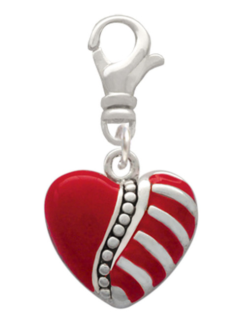 Striped Red Enamel Heart with Beaded Decoration Clip On Charm