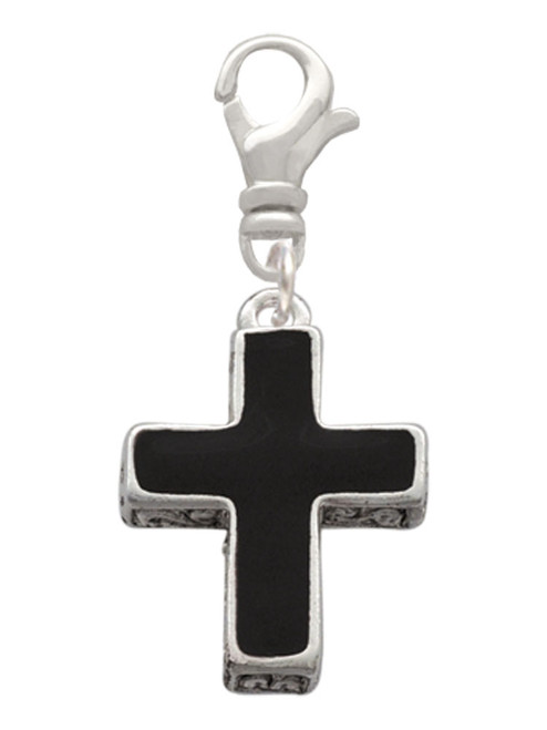 Large Black Enamel Cross with Decorated Sides Clip On Charm