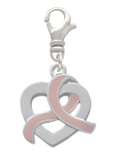 Heart Outline with Pink Ribbon Looping Through Clip On Charm