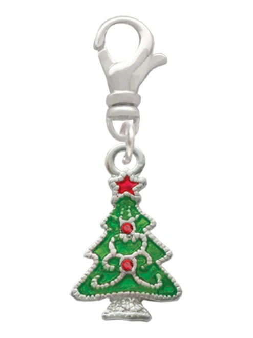 Green Christmas Tree with Red Crystals Clip On Charm