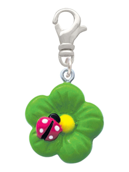 Resin Lime Green Daisy Flower with Hot Pink Ladybug Clip On Charm