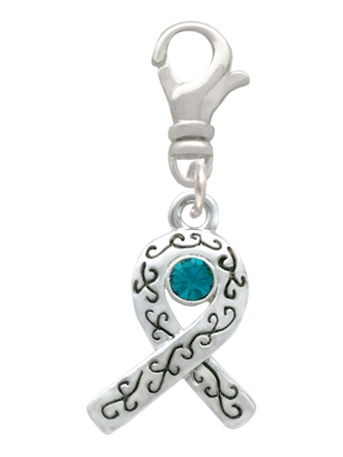 Scroll Ribbon with Teal Crystal Clip On Charm
