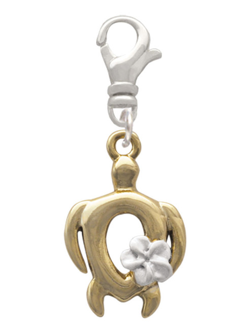 Open Gold Tone Sea Turtle with White Plumeria Clip On Charm