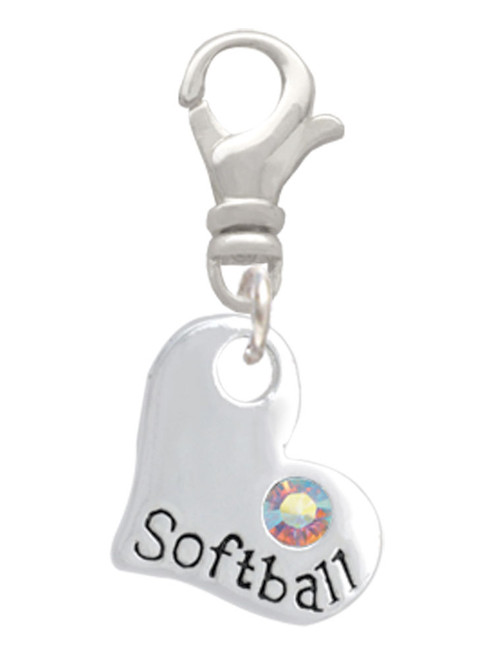 Heart with ''Softball'' and AB Crystal Clip On Charm