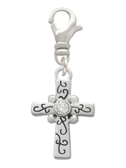 Scroll Cross with Clear Crystal Clip On Charm
