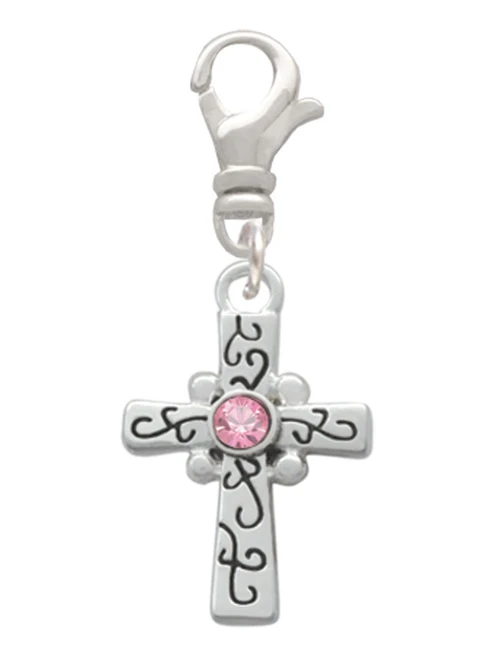 Scroll Cross with Pink Crystal Clip On Charm