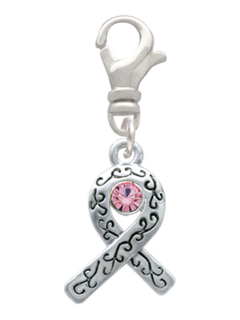 Scroll Ribbon with Pink Crystal Clip On Charm