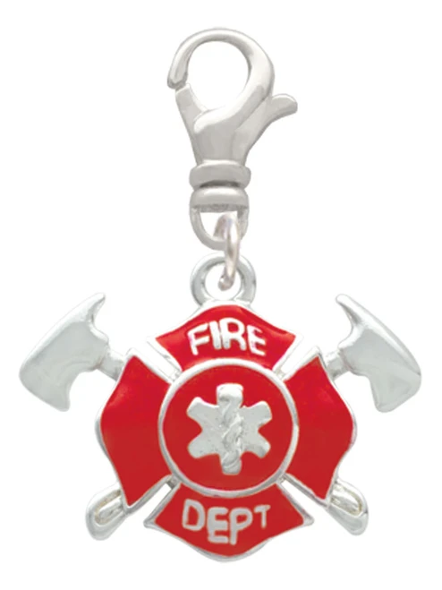 Red Fire Department Shield with Axes Clip On Charm