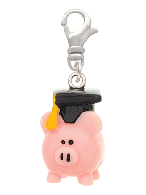 Resin Pink Pig Graduate Clip On Charm
