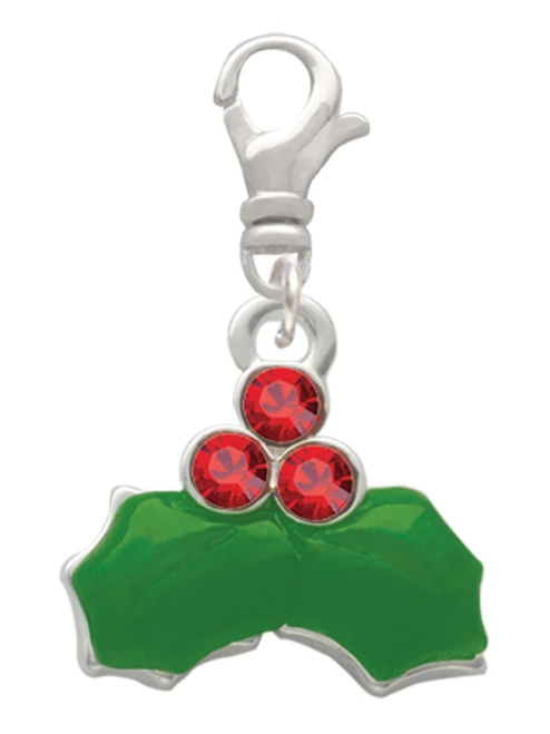 Christmas Holly & Red Crystal Berries Clip On Charm