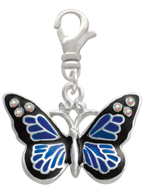 Large Blue Butterfly with 6 AB Crystals Clip On Charm