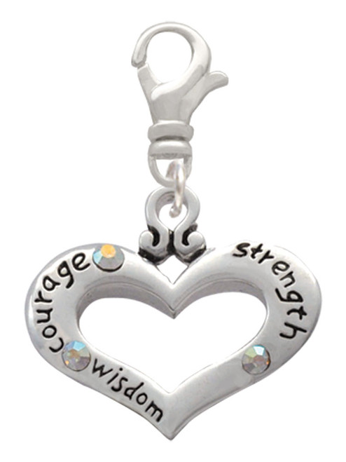 Heart with 3 AB Crystals - Courage Strength Wisdom Clip On Charm
