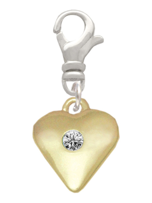 Large April - Clear Crystal Gold Tone Heart Clip On Charm