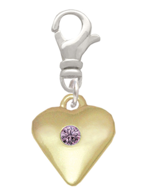 Large Light Purple Crystal Gold Tone Heart Clip On Charm