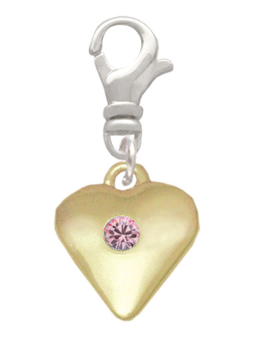 Large Light Pink Crystal Gold Tone Heart Clip On Charm