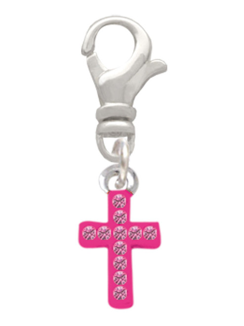 Small Hot Pink Crystal Cross Clip On Charm