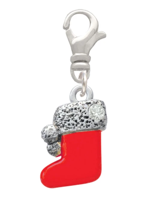 3-D Red Stocking with Fur and Clear Crystal Clip On Charm