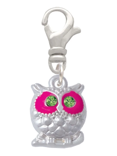 Owl with Hot Pink & Lime Green Crystal Eyes Clip On Charm
